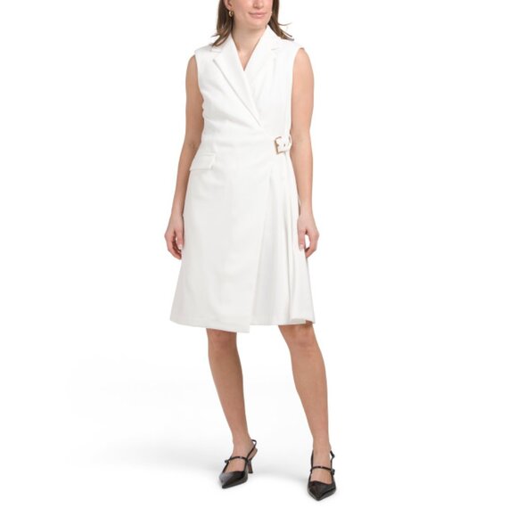 CALVIN KLEIN White Sleeveless Pleated Notch Collared Wrap Dress